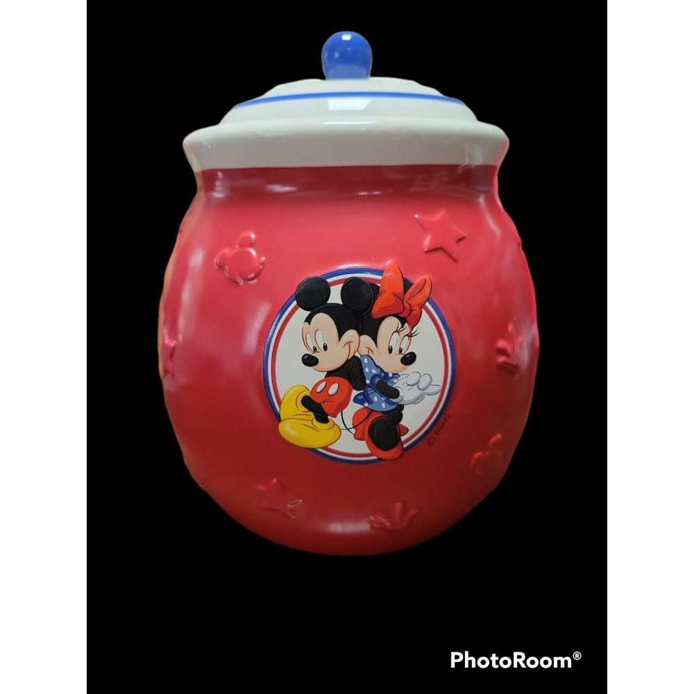 Disney Mickey and Minnie Mouse Red White & Blue Ceramic Cookie Jar Canister